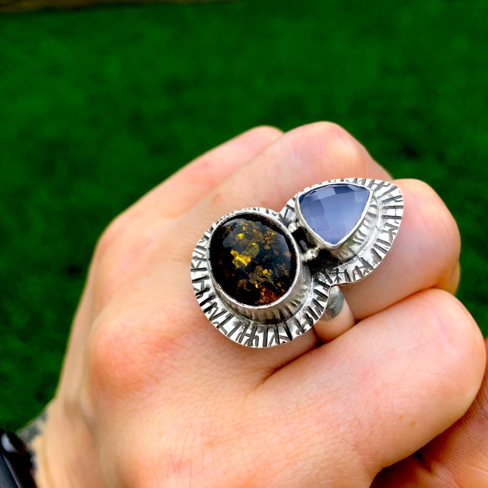 Handmade sterling silver green Amber and lavender chalcedony ring 6.5